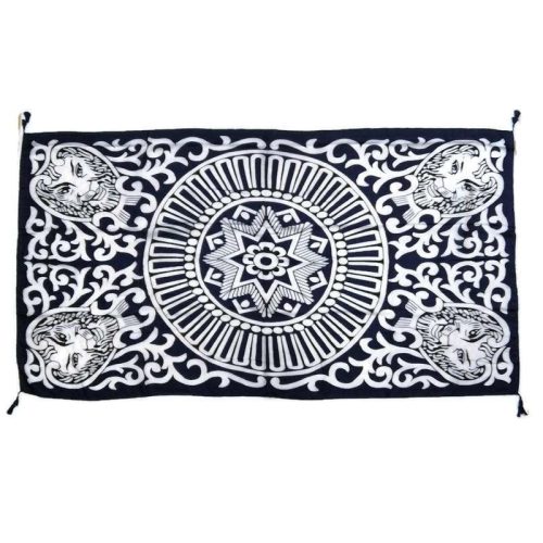 Thai kendő, sötétkék-fehér, oroszlánokkal a sarkaiban