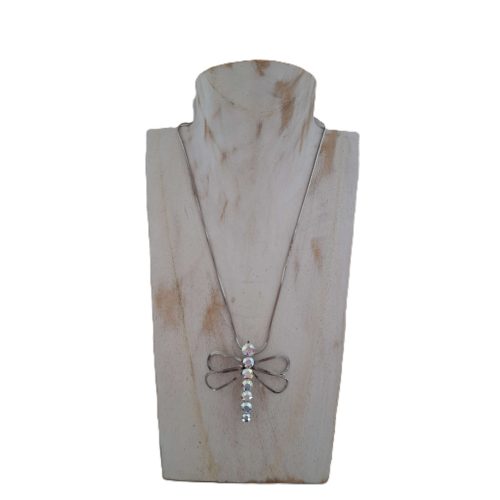 Szitakötő medál, natúr kristályüveg kövekkel, áttört szárnyakkal, nemesacél foglalatban