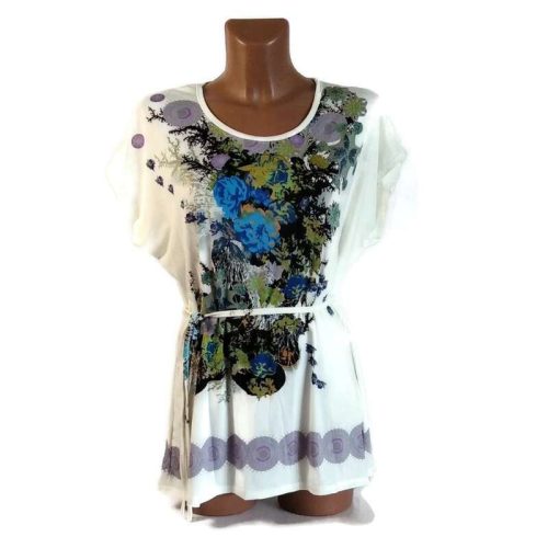 Női felső fehér, lila-kék virág mintával