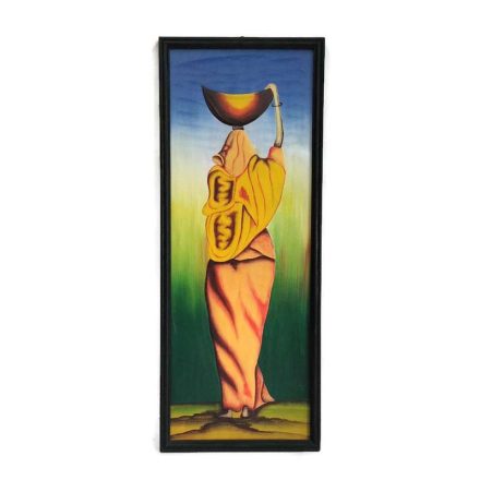 Fa kép, afrikai hölgy sárga ruhában, tállal, 1 alak