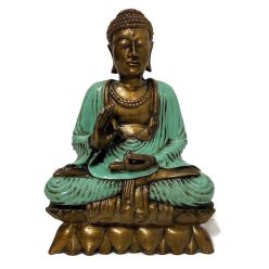   Meditáló Buddha szobor lótuszon – arany-zöld, a belső béke szimbóluma