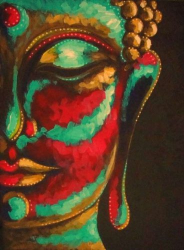 Buddha arc, fekete alapon piros-zöld-sárga
