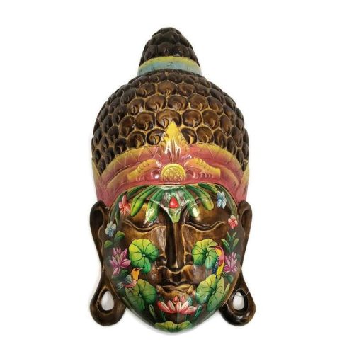 Buddha fej sötétbarna-virágos 50cm madár az arcon