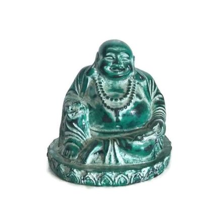 Műgyanta ülő, nevető Buddha antik zöld