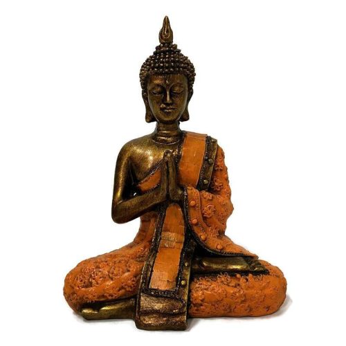 Buddha szobor meditáló pózban virágos ruhában - arany-narancs, meditáció és belső béke szimbóluma
