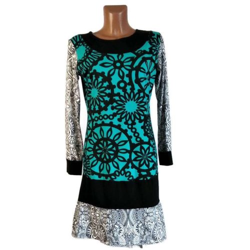 UDG hosszú ujjú, türkiz, fekete mintájú ruha 