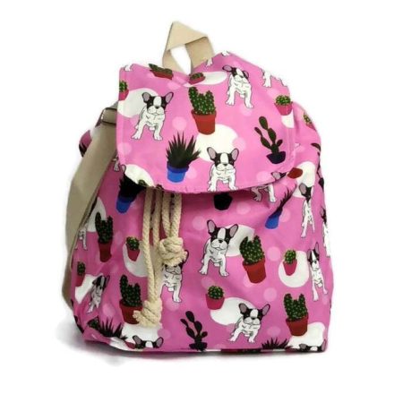 Zsinóros szájú hátizsák, rózsaszín alapon francia bulldog mintás