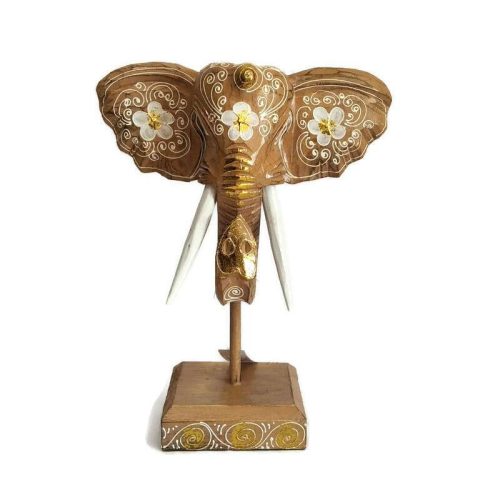 Fa panel, elefántfej antik világosbarna