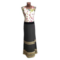   UDG hosszú ruha, földszürke, fehér alapon rózsaszín virágos mintás felsőrésszel