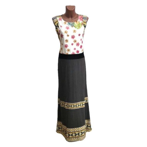 UDG hosszú ruha, földszürke, fehér alapon rózsaszín virágos mintás felsőrésszel