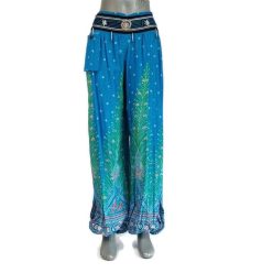   Jázmin nadrág hátul gumis derékkal azúrkék, páva mintás