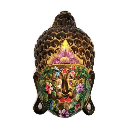 Buddha fej sötétbarna-virágos 40cm pillangó az állon