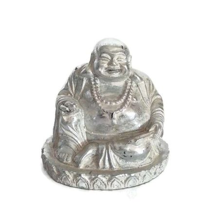 Műgyanta ülő, nevető Buddha antik ezüstszín