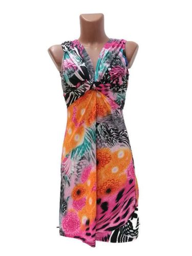 Rövid ruha, pávatoll és virág mintás, rózsaszín-narancs