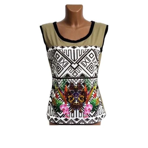 UDG ujjatlan felső, homokszínű, színes virágcsokorral