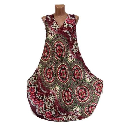 Harang fazonú, színes mandala mintás ujjatlan ruha, bordó