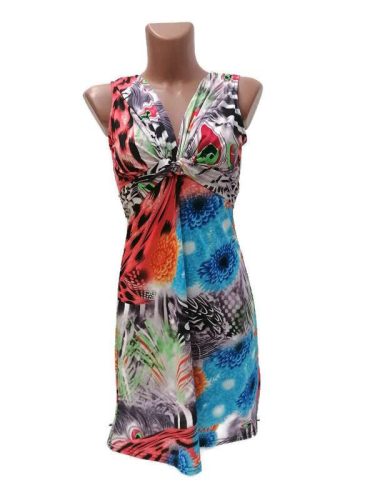 Rövid ruha, pávatoll és virág mintás, piros-kék