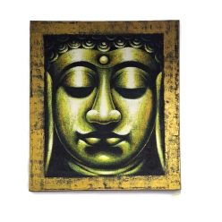   Kézzel festett Buddha arc vászonkép – festett arany sávos kerettel, zsákvászon betéttel és zöld-arany árnyalatokkal