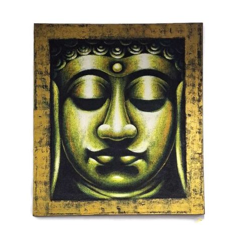 Kézzel festett Buddha arc vászonkép – festett arany sávos kerettel, zsákvászon betéttel és zöld-arany árnyalatokkal