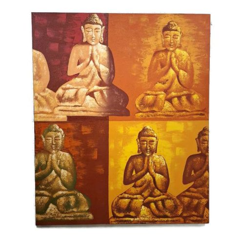 Ülő Buddha alakok vászonkép – kézzel festett akril festmény piros, narancs és sárga színekben