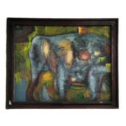   Kézzel festett kék elefánt festmény – zöld háttérrel, sötétbarna keretben