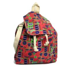 Zsinóros szájú hátizsák, piros alapon növény mintás