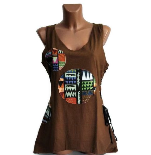 UDG ujjatlan felső, barna, kör alakú díszítéssel