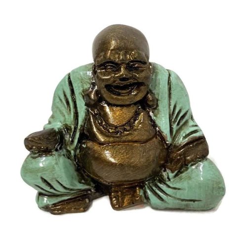 Nevető Buddha szobor kicsi - arany-zöld, szerencsehozó dekoráció 