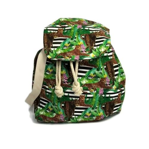 Zsinóros szájú hátizsák, fekete-fehér csíkos alapon leopárdos