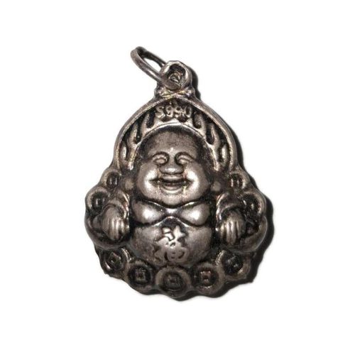 Kézzel faragott nevető Buddha medál jáde féldrágakőből ezüst foglalatban