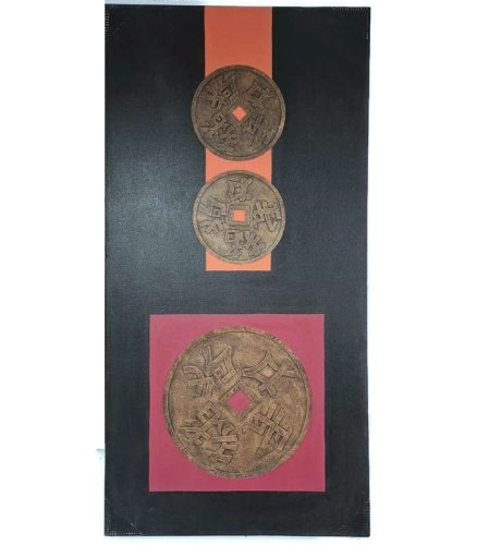 Kézzel festett vászonkép fekete alapon – három kínai szerencsepénz motívummal, akril festékkel