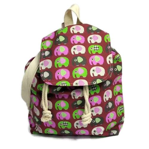 Zsinóros szájú hátizsák, téglavörös alapon elefánt mintás 