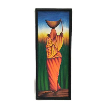 Fa kép, afrikai hölgy narancs ruhában, tállal, 1 alak