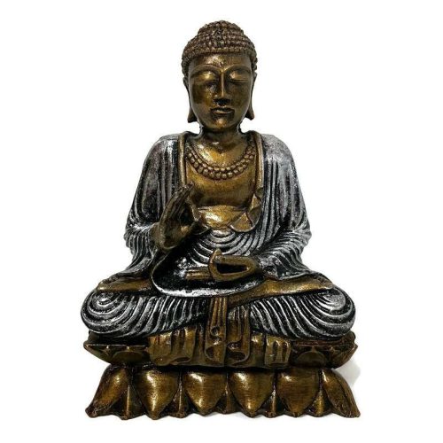 Meditáló Buddha szobor lótuszon – arany-ezüst, a belső béke szimbóluma