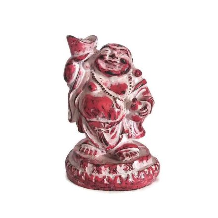 Műgyanta álló, nevető Buddha antik piros