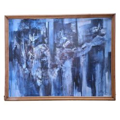   Kézzel festett absztrakt vászonkép – dinamikus kék-fehér vonalvezetés, világosbarna fa keretben