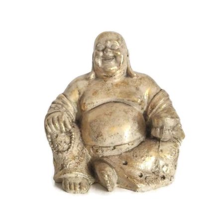 Műgyanta ülő, nevető Buddha antik aranyszín 15cm