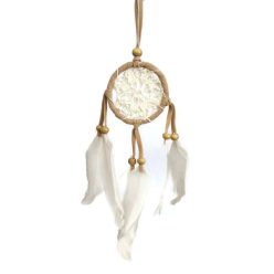 Álomfogó horgolt, világosbarna fehér tollal kicsi