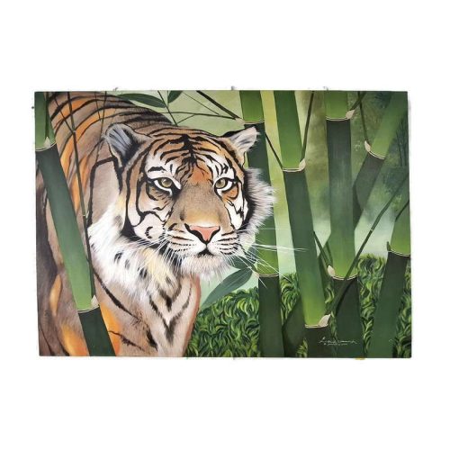 Kézzel festett akril vászonkép – tigris a zöld bambuszerdőben