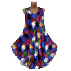   Harang fazonú, színes cérnaboglya mintás ujjatlan ruha, sötétkék 