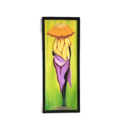 Fa kép, afrikai hölgy sárga esernyővel, 1 alak
