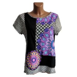   UDG rövid ujjú felső fekete-fehér apró mintás lila virág mintával