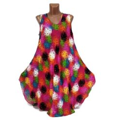   Harang fazonú, színes cérnaboglya mintás ujjatlan ruha, magenta 