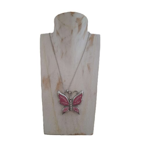 Nagyméretű pillangó medál rózsaszín kristályüveg kövekkel, nemesacél foglalatban