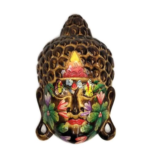 Buddha fej sötétbarna-virágos 30cm pillangó a szemhéjon