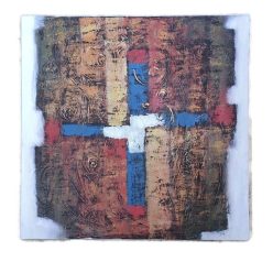   Kézzel festett absztrakt akril vászonkép – piros, kék és fehér keresztes kompozíció