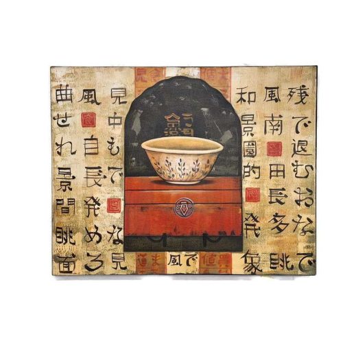 Kézzel festett japán-kínai vászonkép – kalligráfiás festmény hagyományos tál motívummal, feszített vásznon