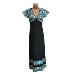   UDG hosszú ruha, fekete, fehér alapon kék-zöld mintás felsőrésszel