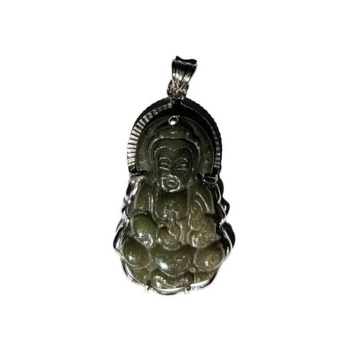 Kézzel faragott jáde Buddha medál ezüst foglalatban