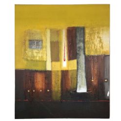   Sárga-barna absztrakt vászonkép – kézzel festett akril festmény fehér-szürke geometrikus elemekkel